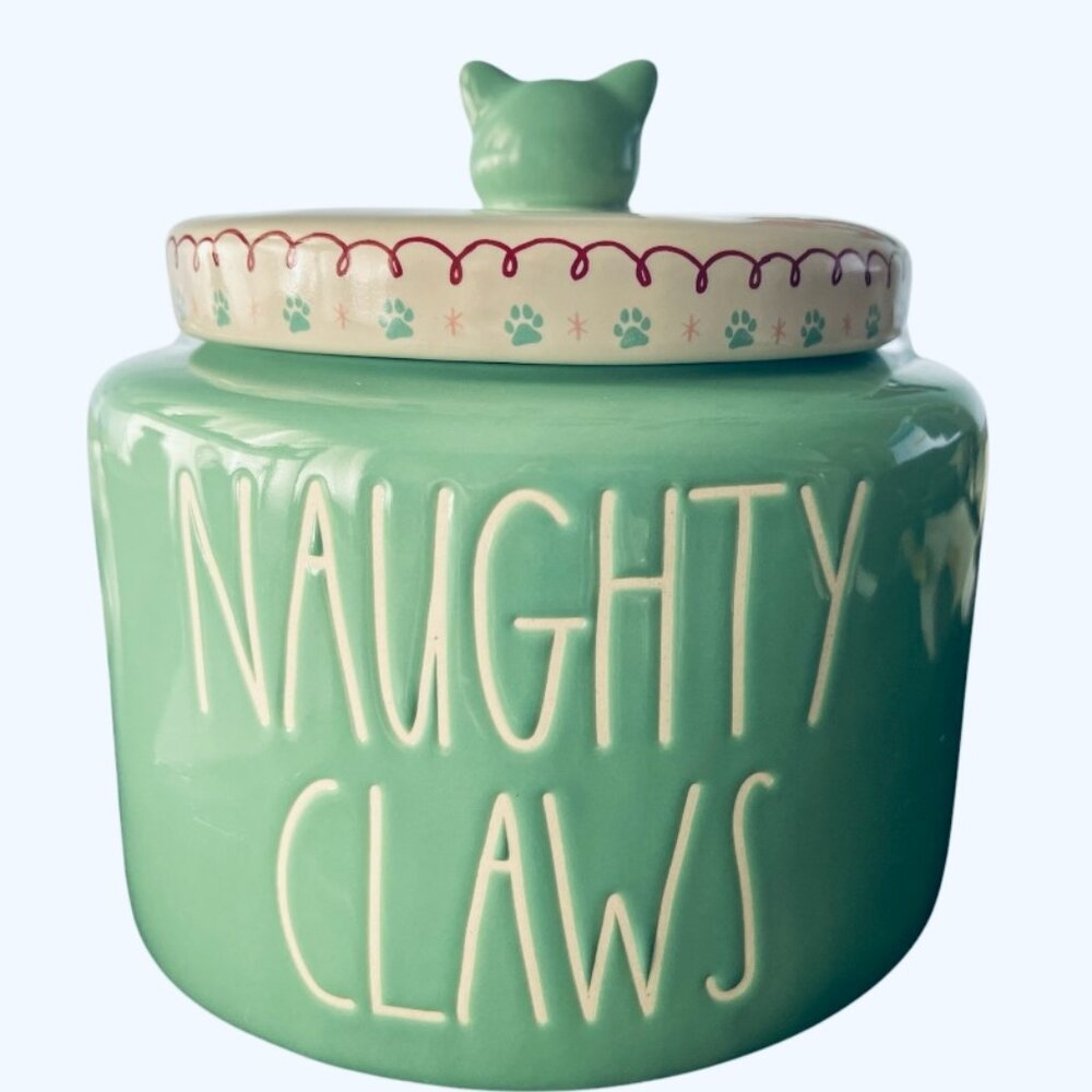Rae Dunn NAUGHTY CLAWS Cat Treat Jar Canister w/Paw Prints And Cat Handle - NWOT